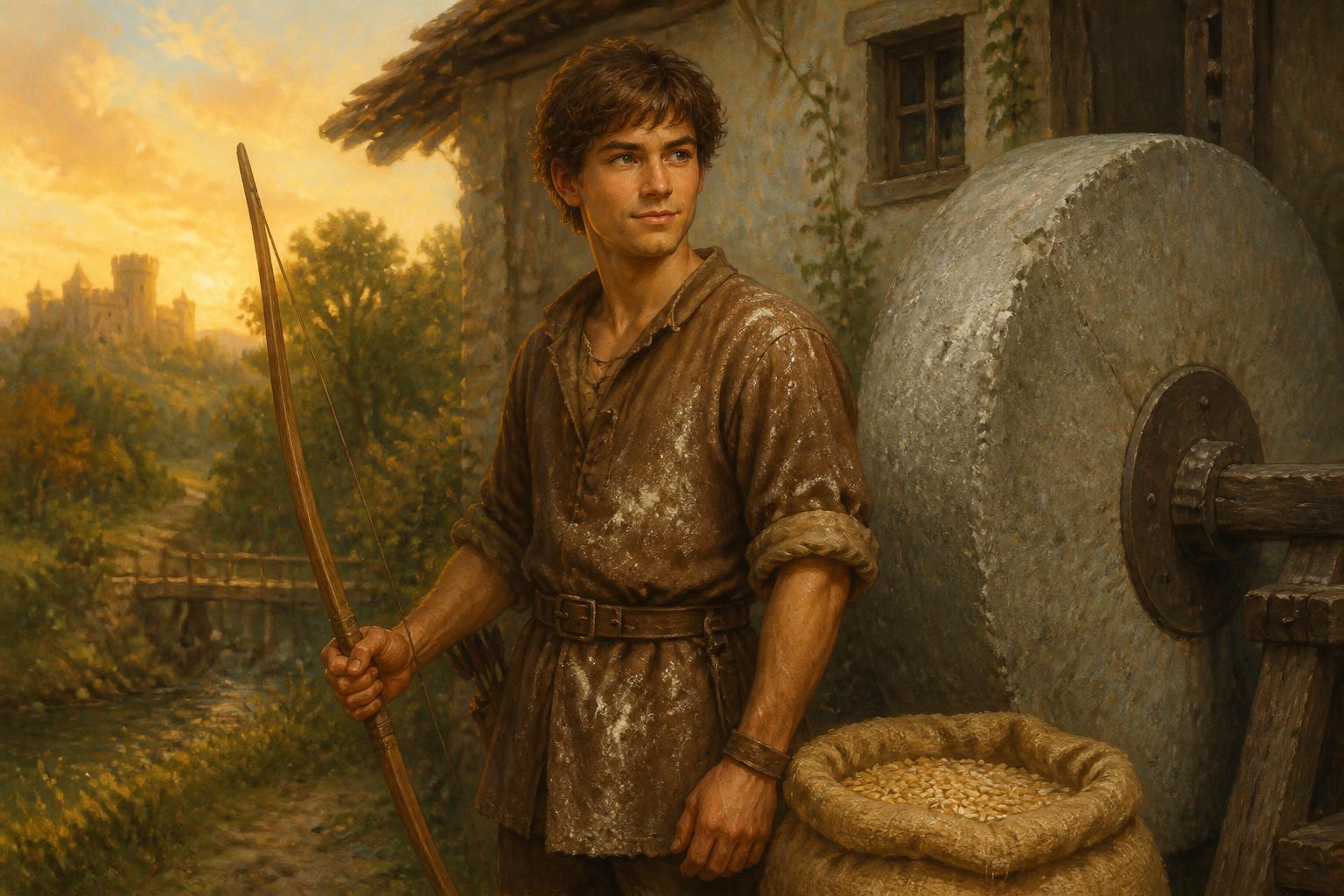 Much the miller's son standing beside a stone mill wheel, holding a wooden longbow with a grain sack at his feet